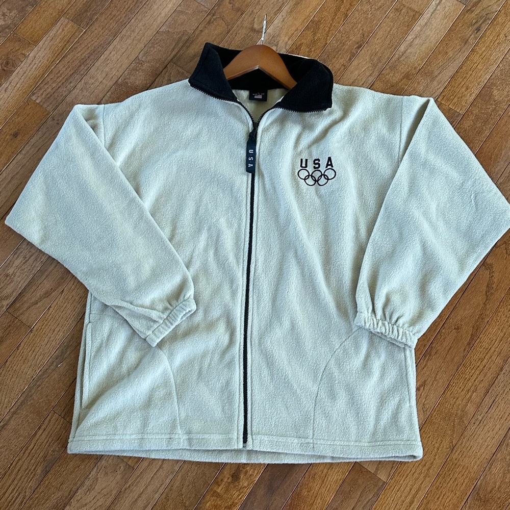 USA Olympics Large Beige Fleece Zip Up Jacket